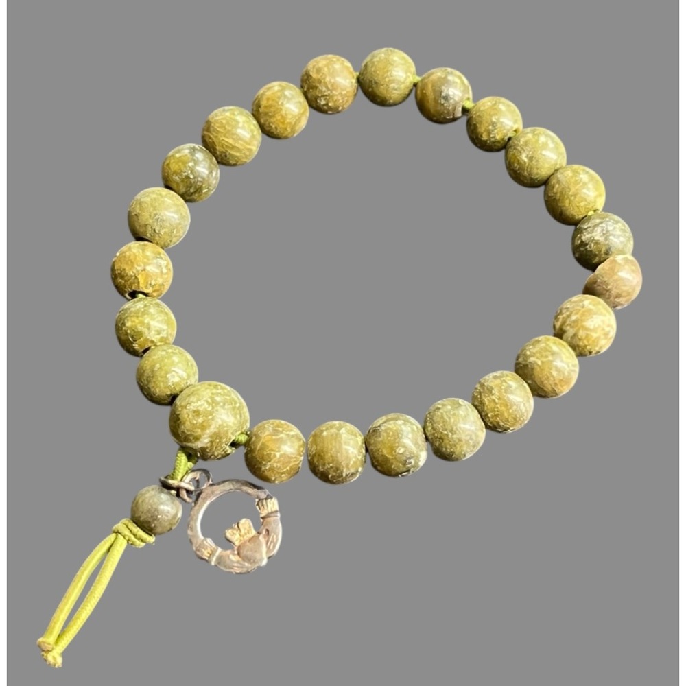 Vintage CONNEMARA MARBLE BRACELET Green Beads Beaded w/Silver Claddagh Charm